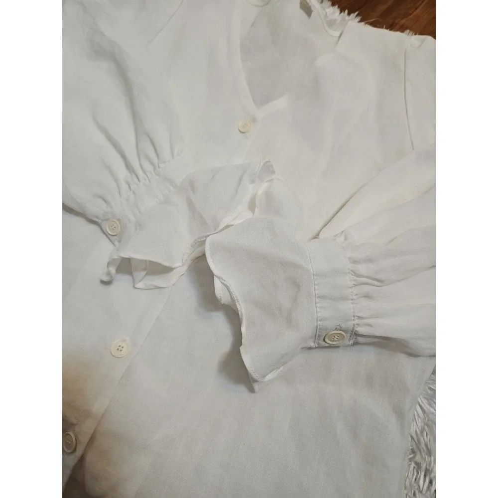 T.W2 White V-Neck Button Down Blouse Long‎ Sleeve Ruffle Cuff Top Womens M
